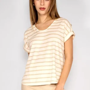 Polera Rayas Lurex Sofía Beige/Blanco