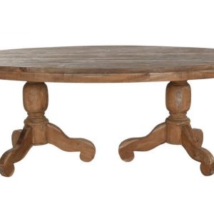 Mesa comedor ovalada de teca maciza con doble soporte torneado