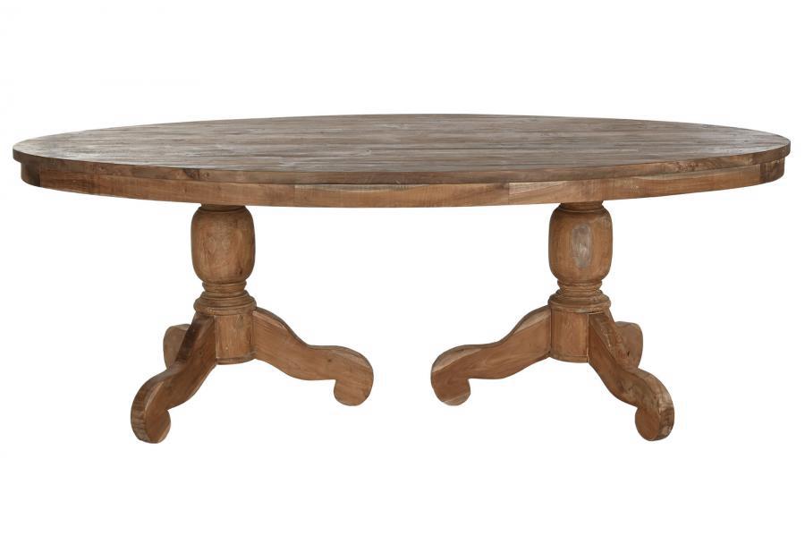 Mesa comedor ovalada de teca maciza con doble soporte torneado - Imagen 2