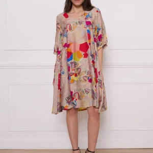 Robe beige motifs viscose nylon