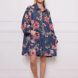 Chemise bleue fleurie tencel