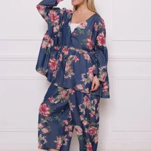 Cardigan bleu fleuri tencel