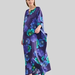 Kaftan largo de seda natural marino flores
