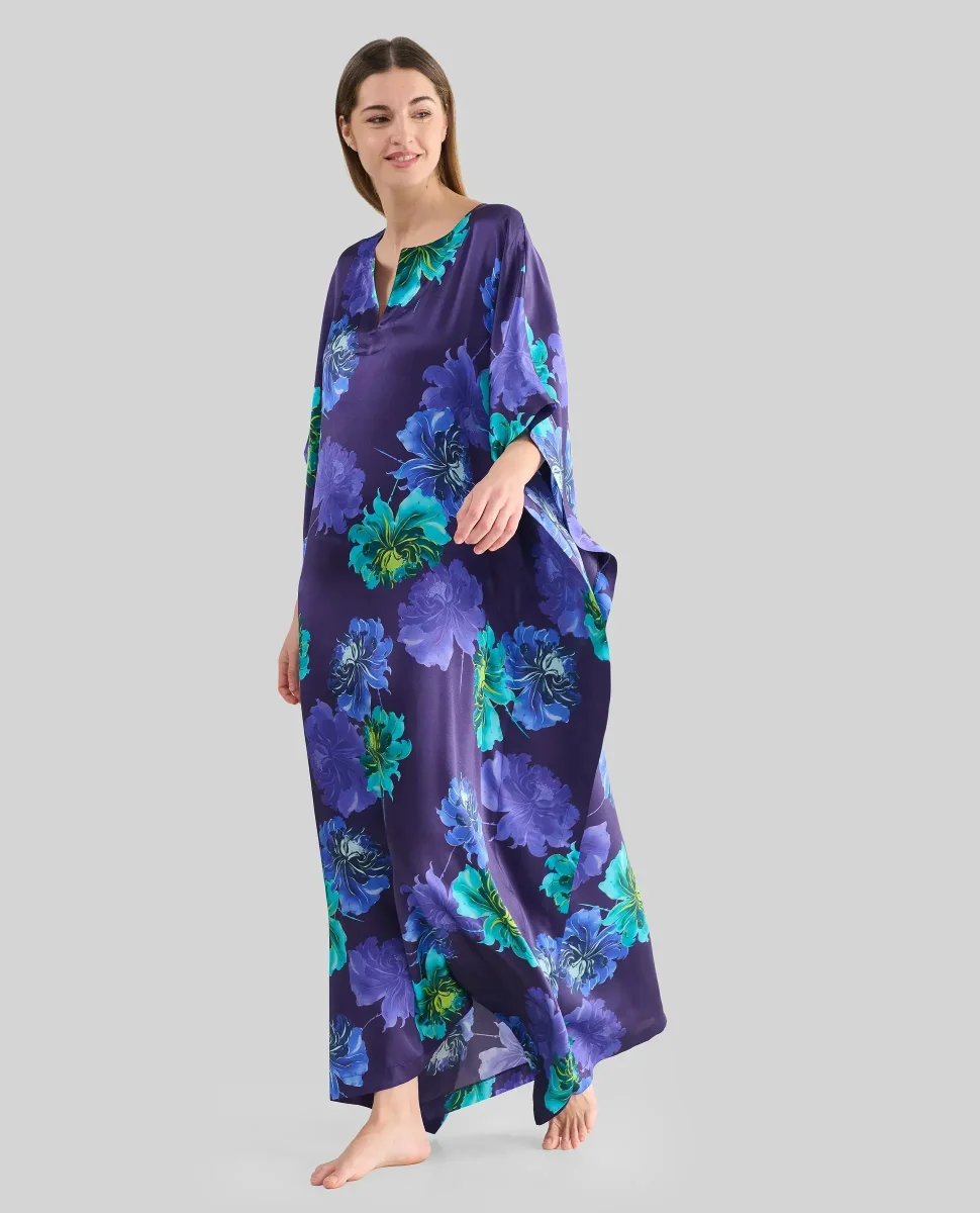 Kaftan largo de seda natural marino flores - Imagen 2