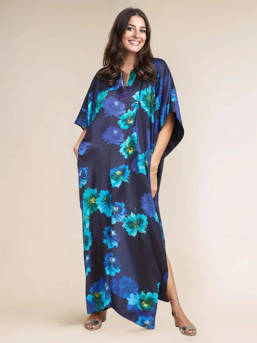 Kaftan largo de seda natural marino flores - Imagen 3