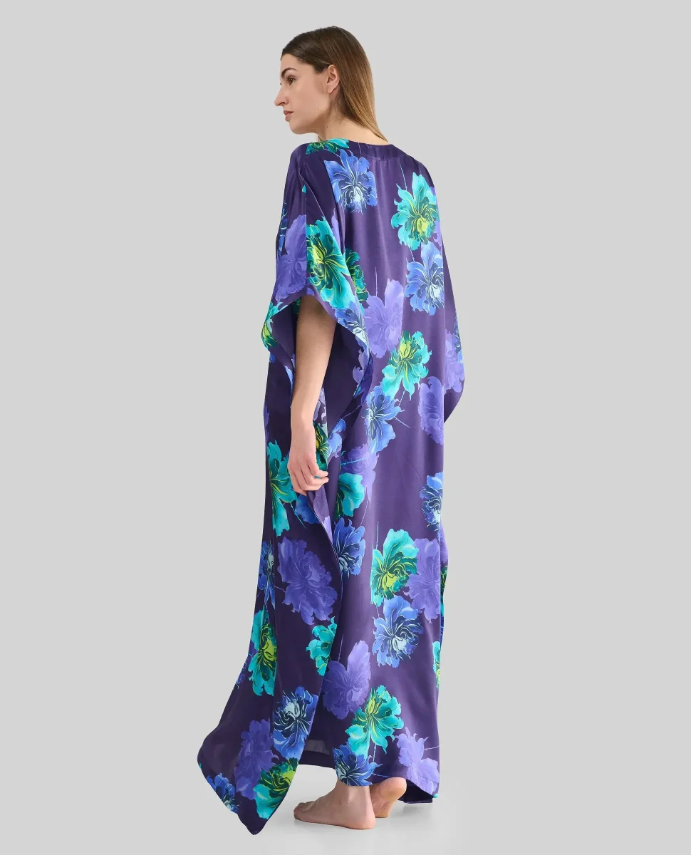 Kaftan largo de seda natural marino flores - Imagen 4