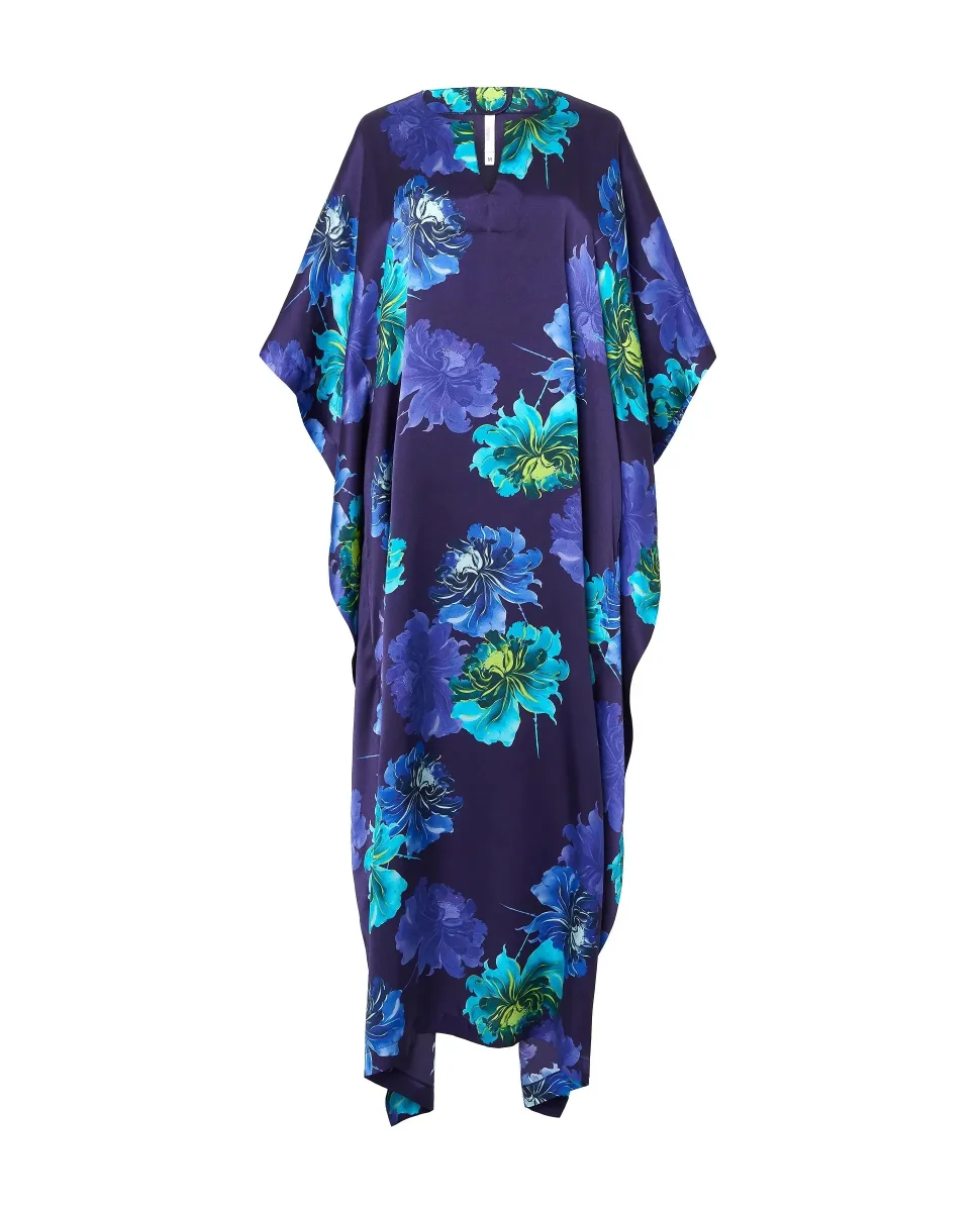 Kaftan largo de seda natural marino flores - Imagen 5