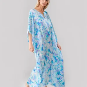 Kaftan largo de seda natural estampado mármol azul
