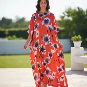 Kaftan de seda rojo flores manga mariposa