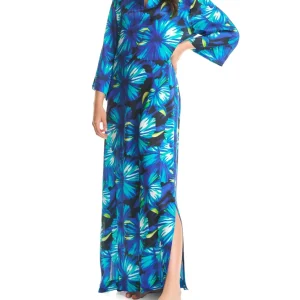 Kaftan de seda azul con manga al codo