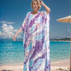Kaftan largo seda morado manga mariposa