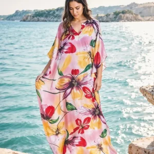 Kaftan seda natural manga mariposa rosa