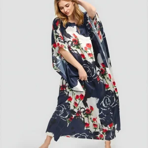 Kaftan largo de seda marino estampado flores