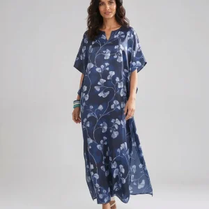 Kaftan de seda natural marino estampado flores