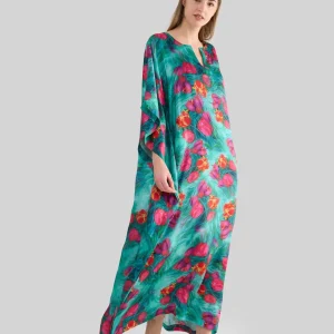 Kaftan de seda natural verde con flores