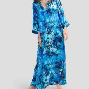 Kaftan de seda azul estampado