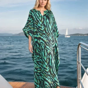 Kaftan de verano animal print verde seda natural