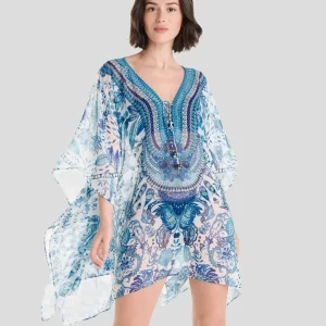 Kaftán corto gasa azul estampada y pedrería