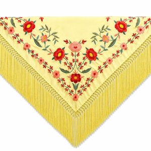Mantón Edición Premium Sevilla. Amarillo y Coral. Flecos Artesanales (75×75)