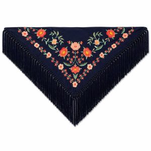 Mantón Edición Premium Sevilla. Azulón y Coral. Flecos Artesanales (75×75)