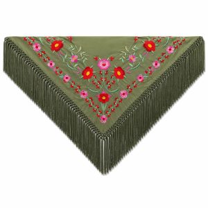 Mantón Edición Premium Sevilla. Oliva y Rosa. Flecos Artesanales (75×75)