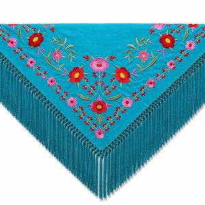 Mantón Edición Premium Sevilla. Turquesa y Rosa. Flecos Artesanales (75×75)