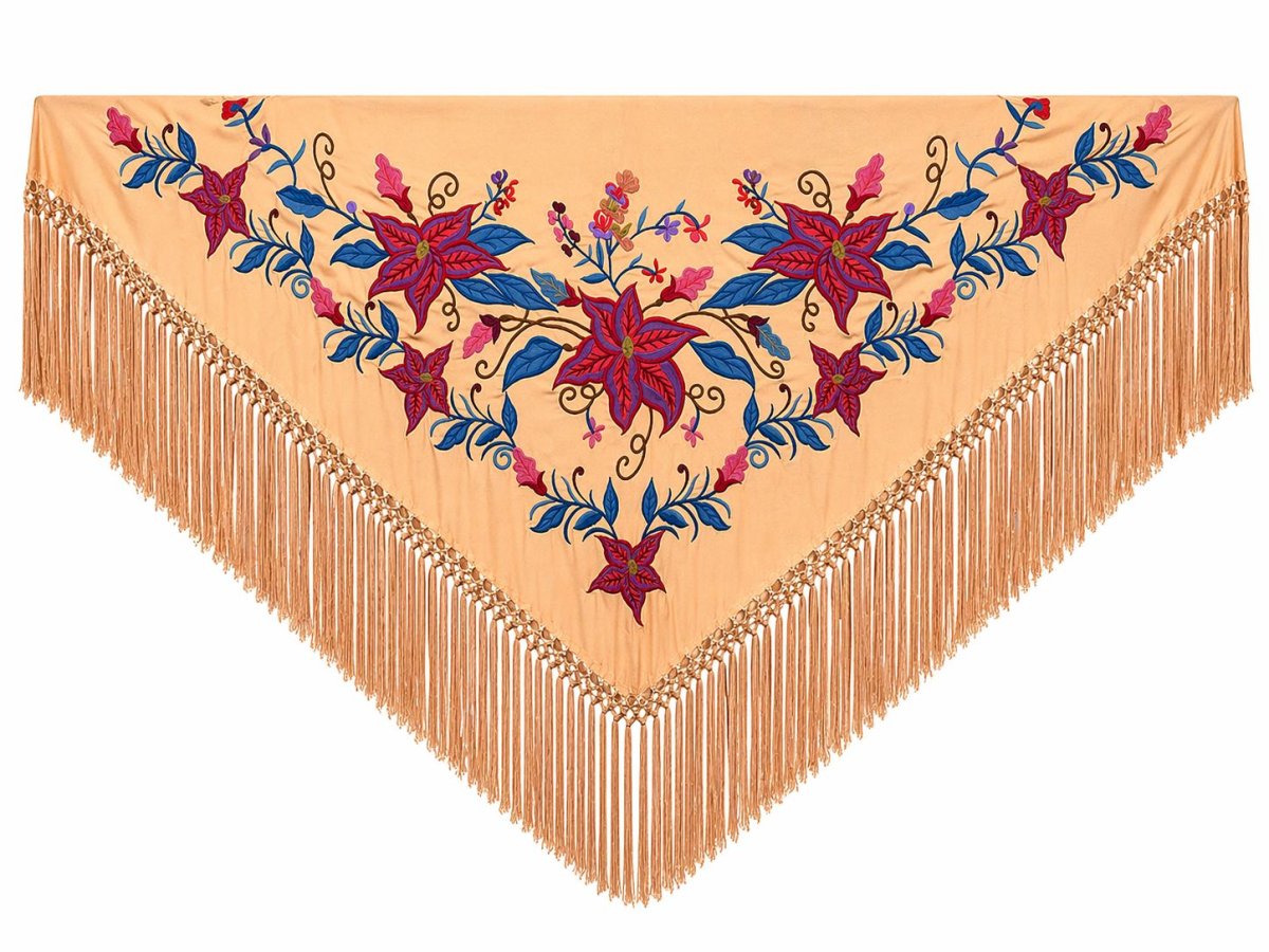 Mantoncillo de Flamenca Bordado “Flor Imperial” en color Coral Suave Azulón