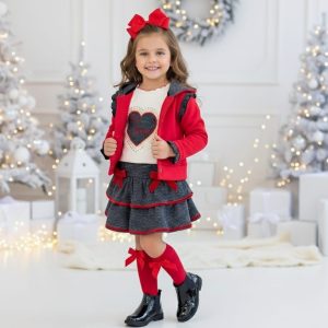Conjunto Falda 3 piezas rojo y gris con corazones