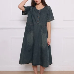 Robe bleue grise en coton à manches courtes