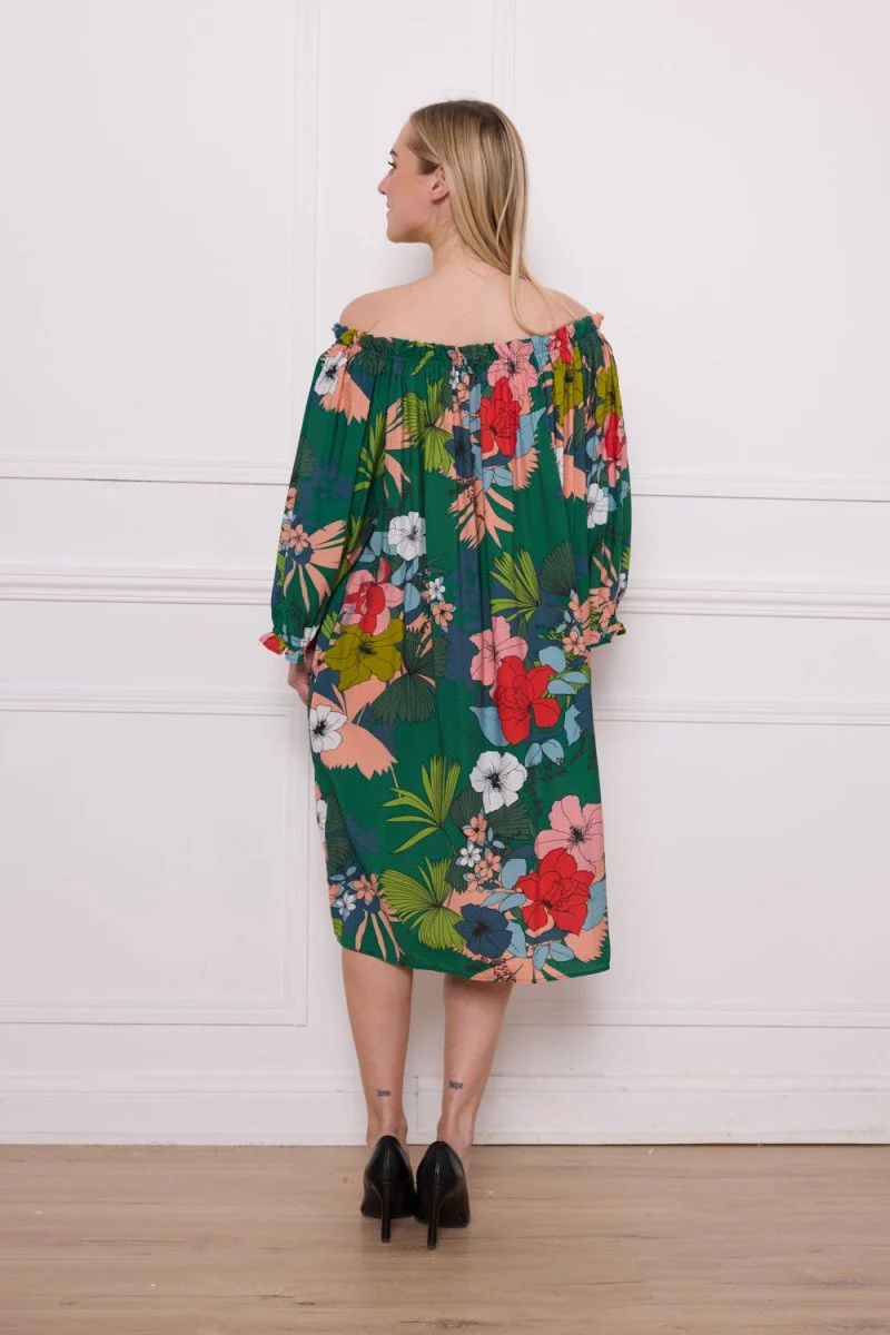 Robe épaules dénudées fleurie blanc et vert - Imagen 4