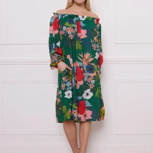 Robe épaules dénudées fleurie blanc et vert