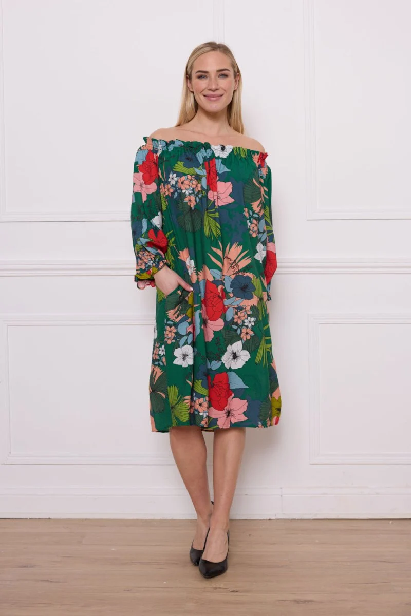 Robe épaules dénudées fleurie blanc et vert - Imagen 2