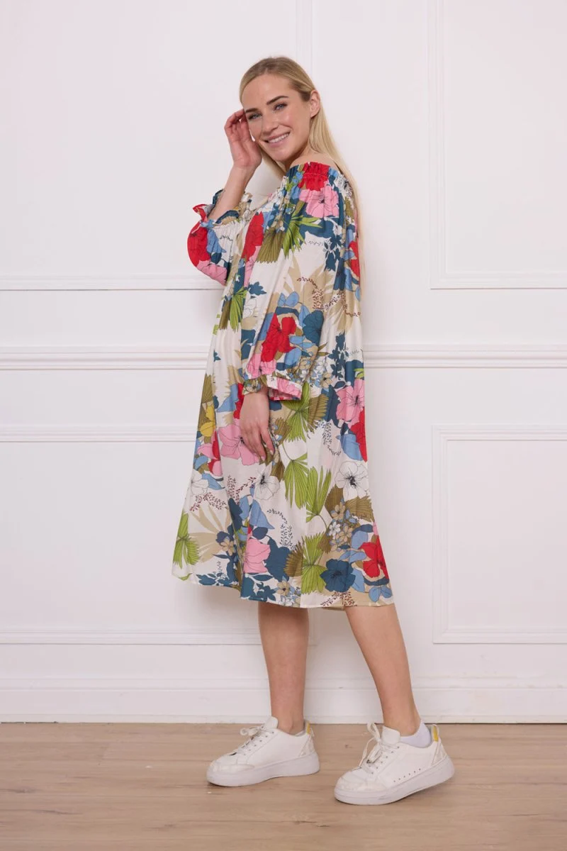 Robe épaules dénudées fleurie blanc et vert - Imagen 6