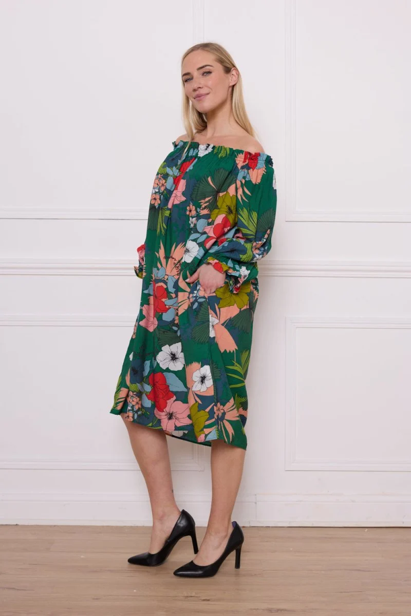 Robe épaules dénudées fleurie blanc et vert - Imagen 3