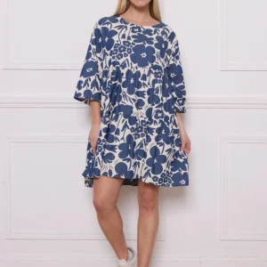 Robe fleurie coton bleu et blanc