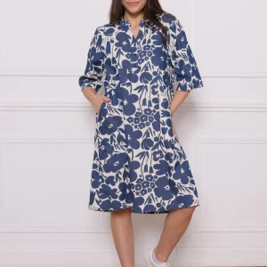 Robe boutonnée fleurie coton bleu et blanc