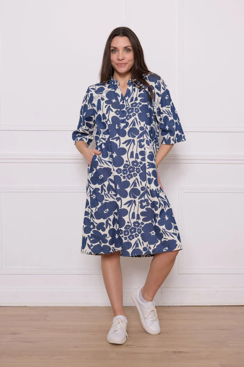 Robe boutonnée fleurie coton bleu et blanc