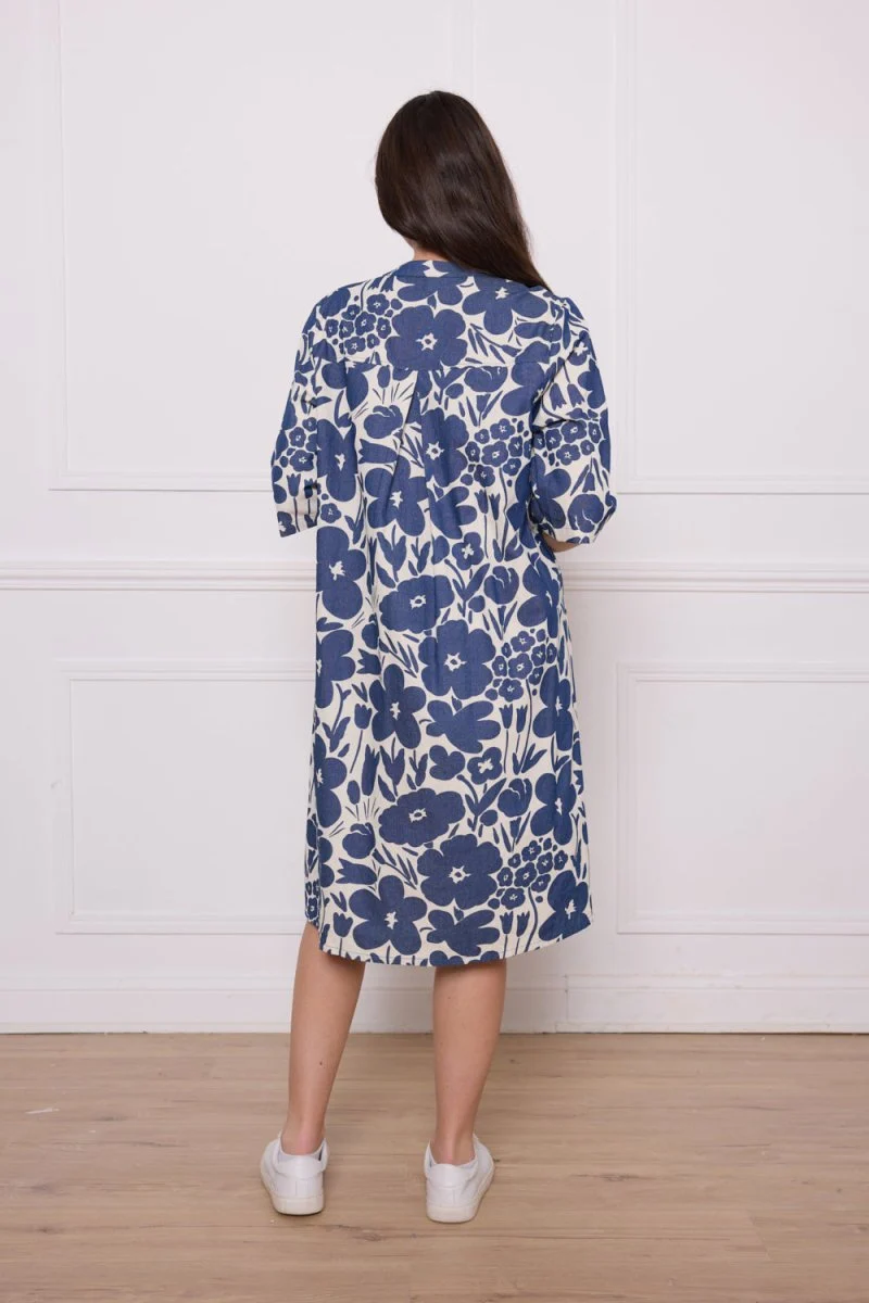 Robe boutonnée fleurie coton bleu et blanc - Imagen 4