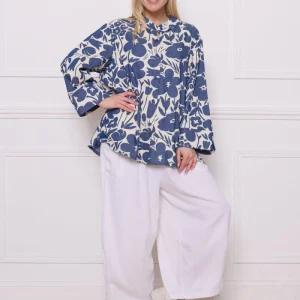 Blouse fleurie coton bleu et blanc