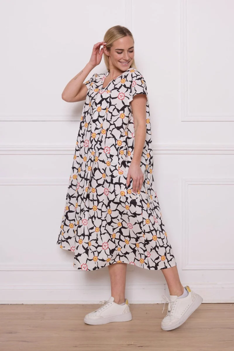 Robe longue blanche noire fleurie en coton - Imagen 3