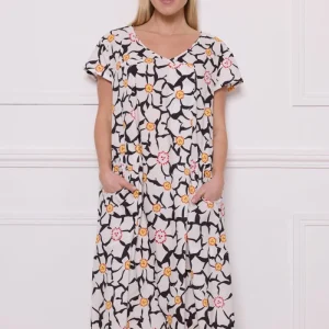Robe longue blanche noire fleurie en coton