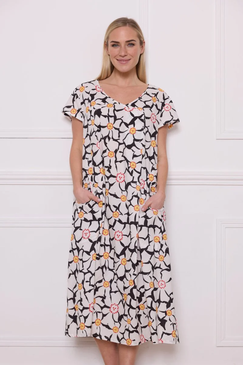 Robe longue blanche noire fleurie en coton - Imagen 2