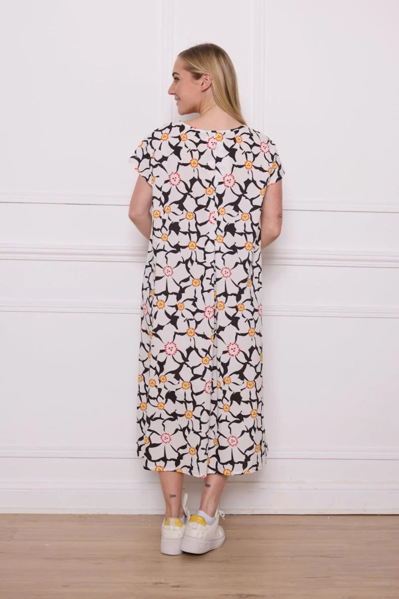 Robe longue blanche noire fleurie en coton - Imagen 4