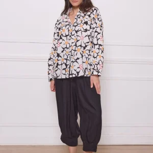 Chemisier blanc noir fleuri en coton