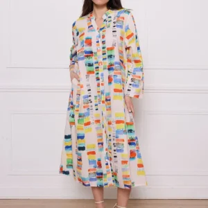 Robe chemise longue en coton à motifs colorés