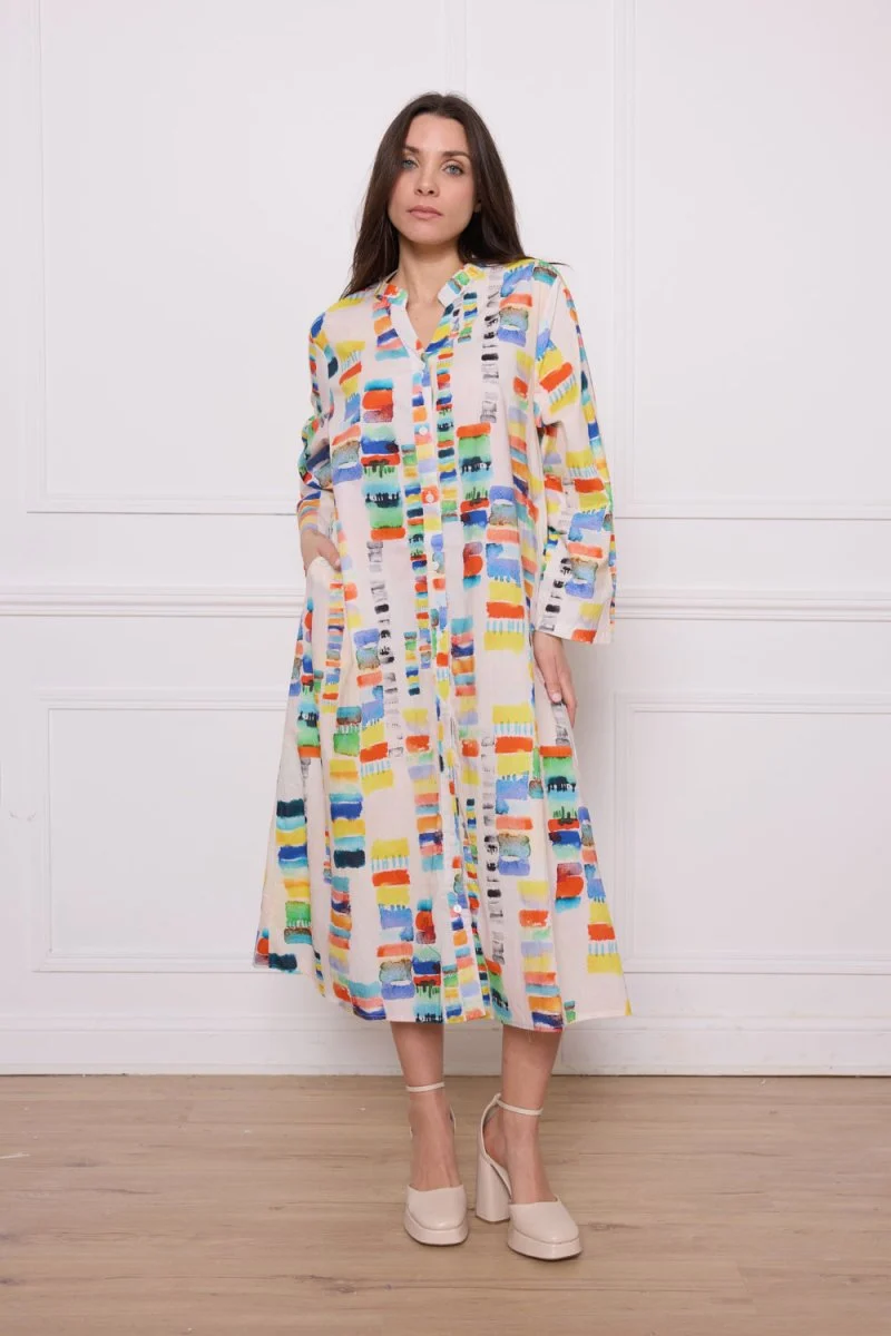 Robe chemise longue en coton à motifs colorés