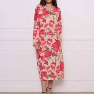 Robe longue fleurie rose en coton