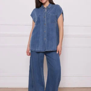 Chemise bleue en tencel à manches courtes