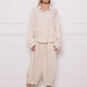 Chemise courte unie en rayonne et lin