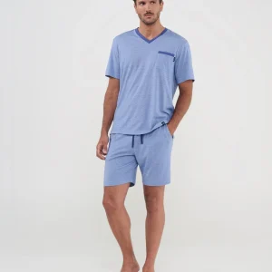 Pijama corto de hombre cuello pico vigoré azul